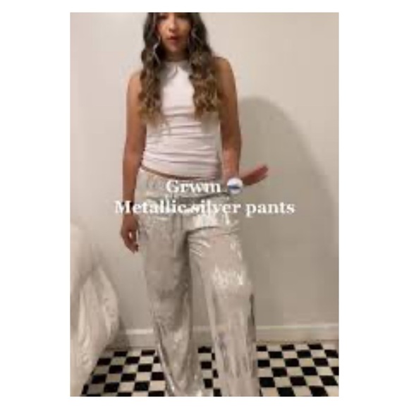 ZARA White Silver Metallic Wide Leg Sequin Pants XS NWT - Picture 6 of 12